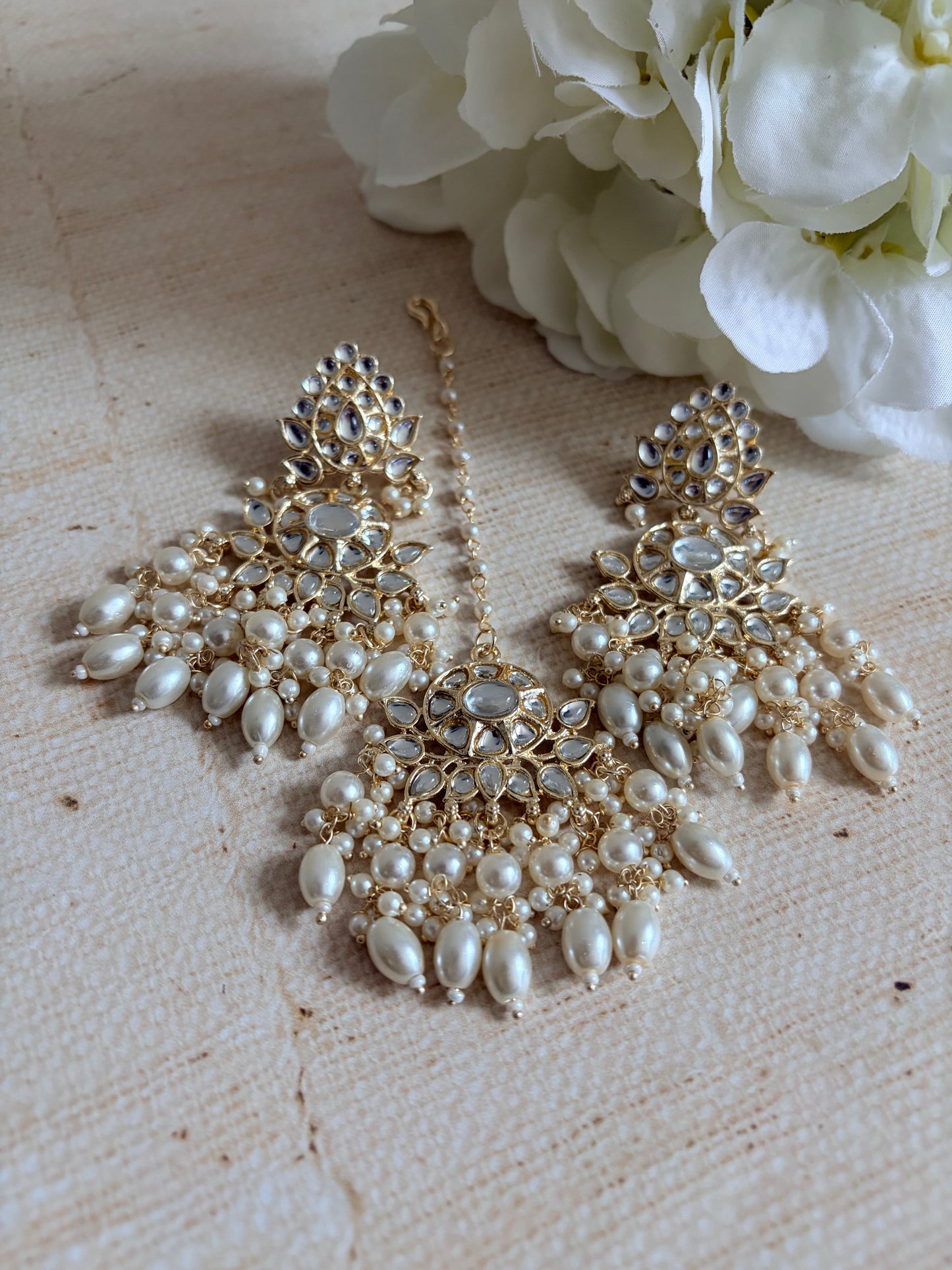 Riva White Gold Plated Kundan Earrings And Tikka Set (ST1061)