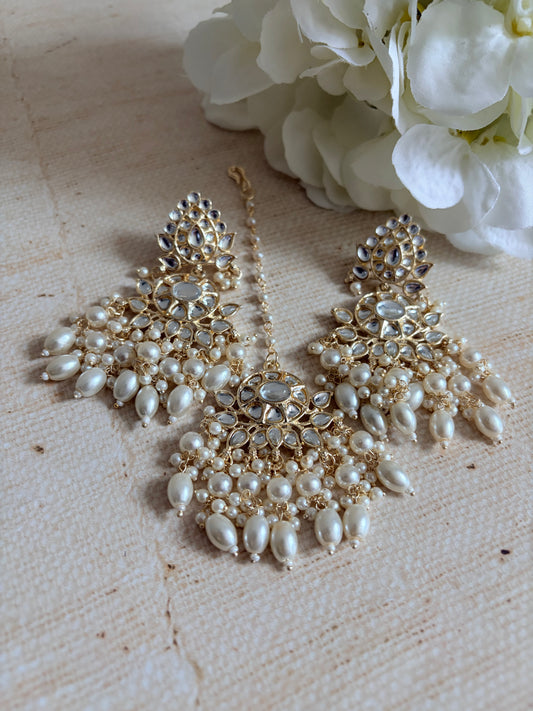 Riva White Gold Plated Kundan Earrings And Tikka Set (ST1061)