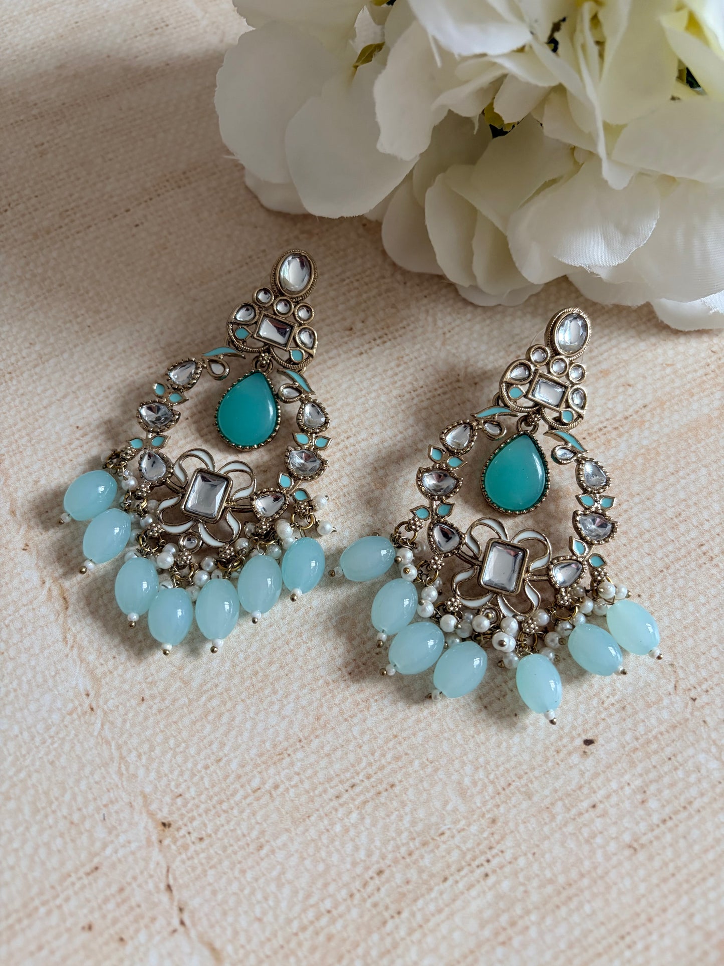 Anaya Kundan Pearl Antique Earrings (ST1059) (Blue)