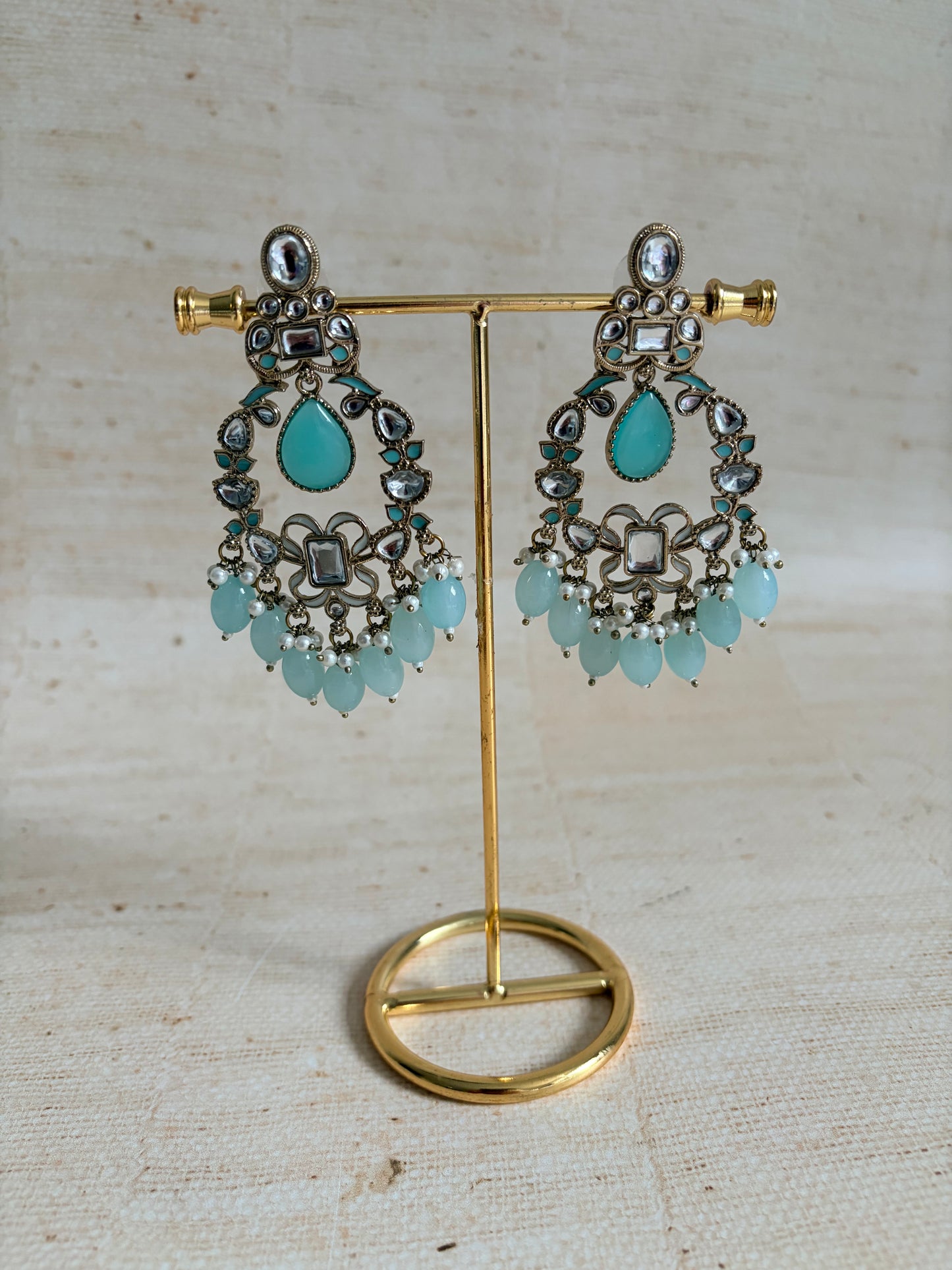 Anaya Kundan Pearl Antique Earrings (ST1059) (Blue)