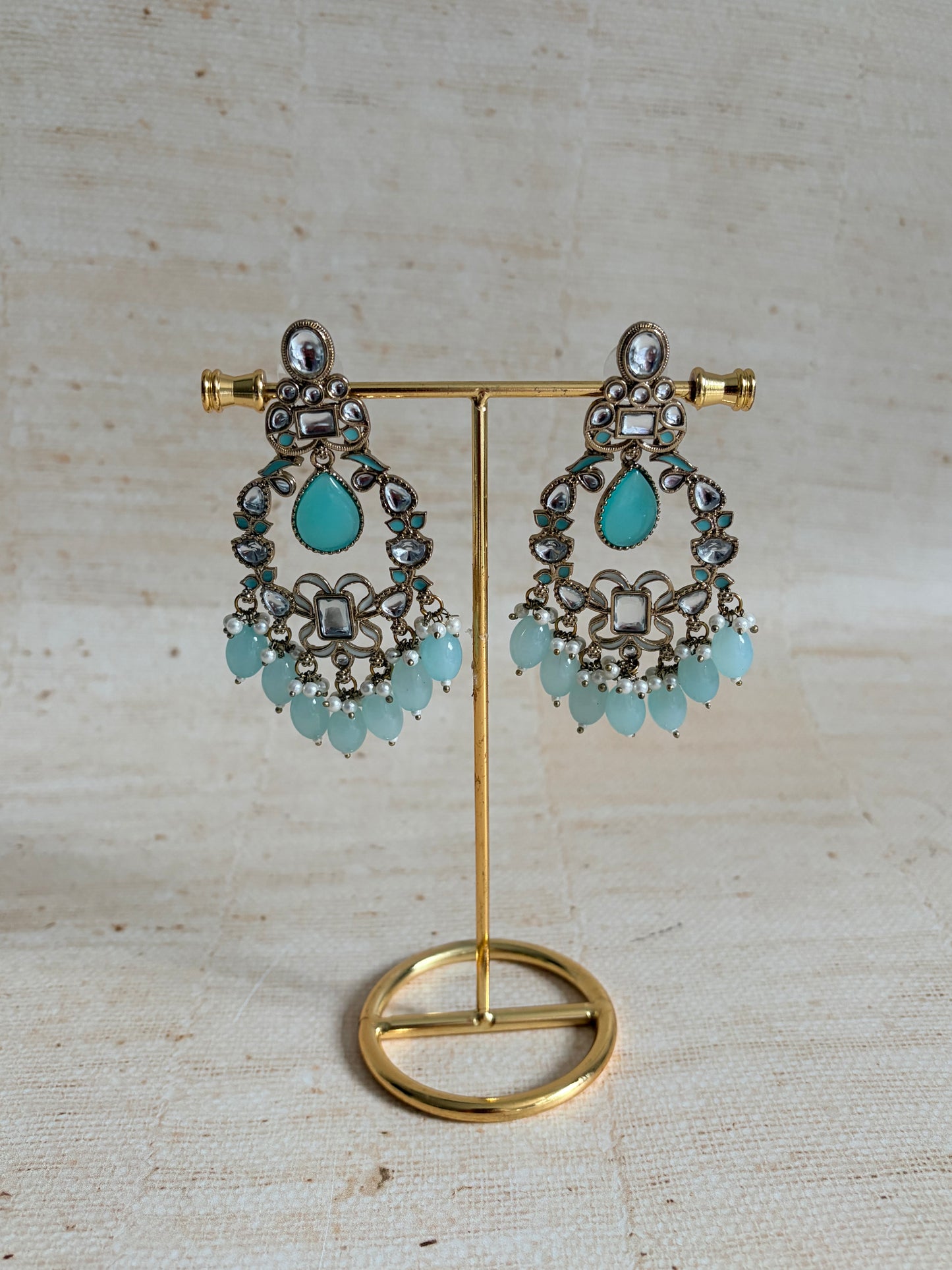 Anaya Kundan Pearl Antique Earrings (ST1059) (Blue)