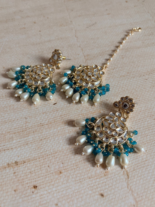 Noor Green Gold Plated Kundan Earrings And Tikka Set (ST979)