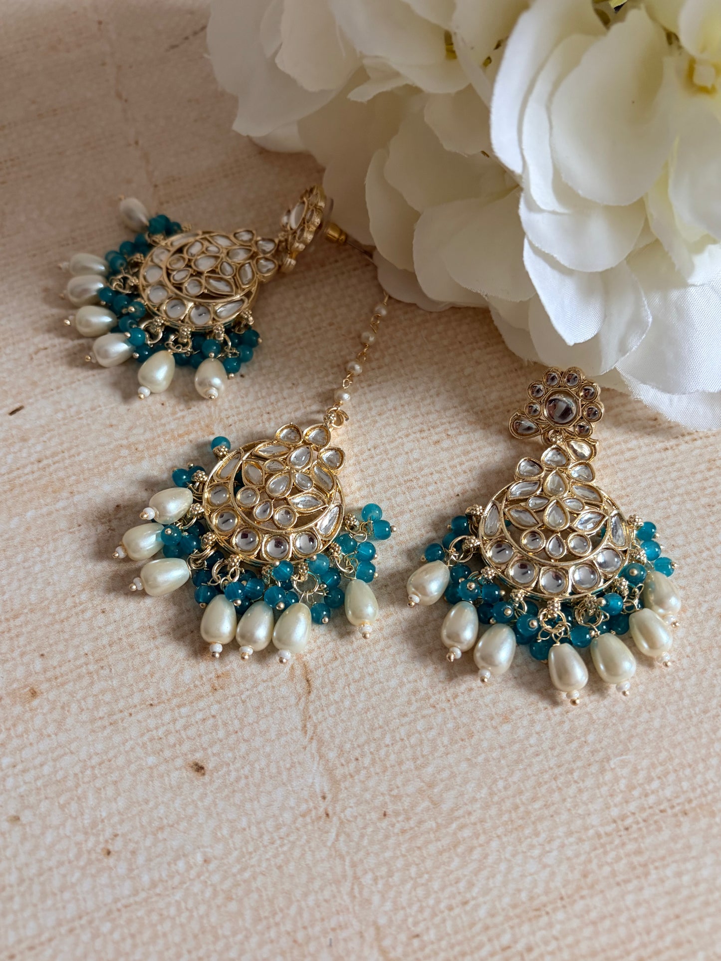 Noor Green Gold Plated Kundan Earrings And Tikka Set (ST979)