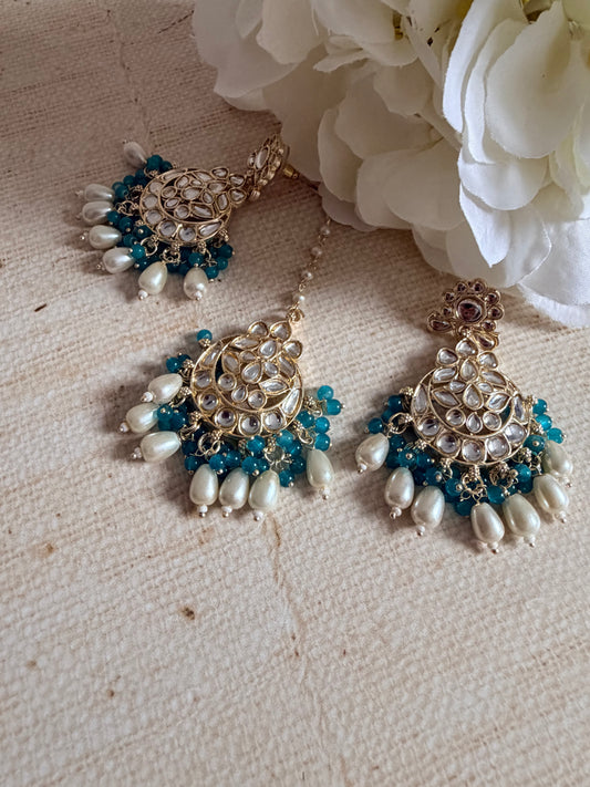 Noor Green Gold Plated Kundan Earrings And Tikka Set (ST979)