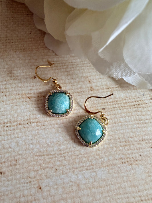Aqua Blue Stone Square Dangle Earrings (ST1101)