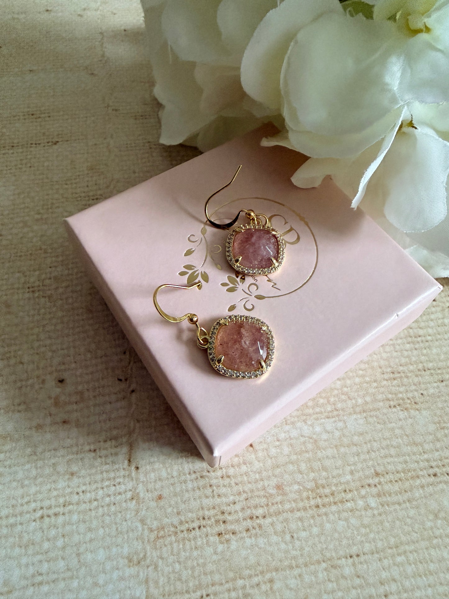 Pink Stone Square Dangle Earrings (ST1101)