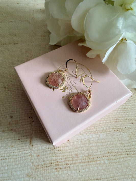 Pink Stone Square Dangle Earrings (ST1101)