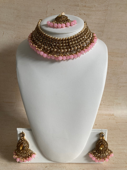 Sapna Gold Plated Light Pink Pearl Choker Set (ST183)
