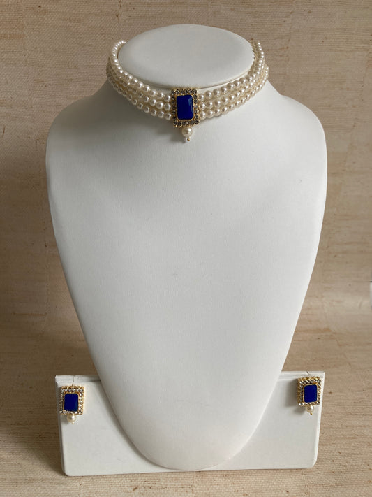Safeena 18K Gold Plated Handcrafted Pearl Choker Set (ST793) (Blue)