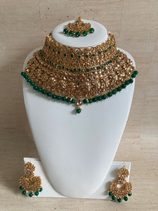 Amber Gold Plated Kundan Beaded Set (ST221) Antique Emerald