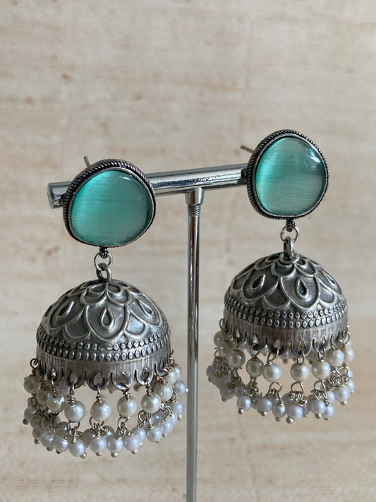 Satya Pearl Mint Oxidised Jhumki (ST940)