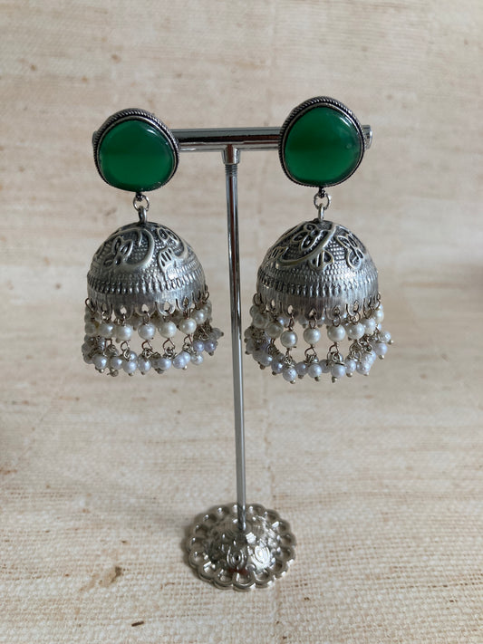 Satya Pearl Emerald Oxidised Jhumki (ST940)