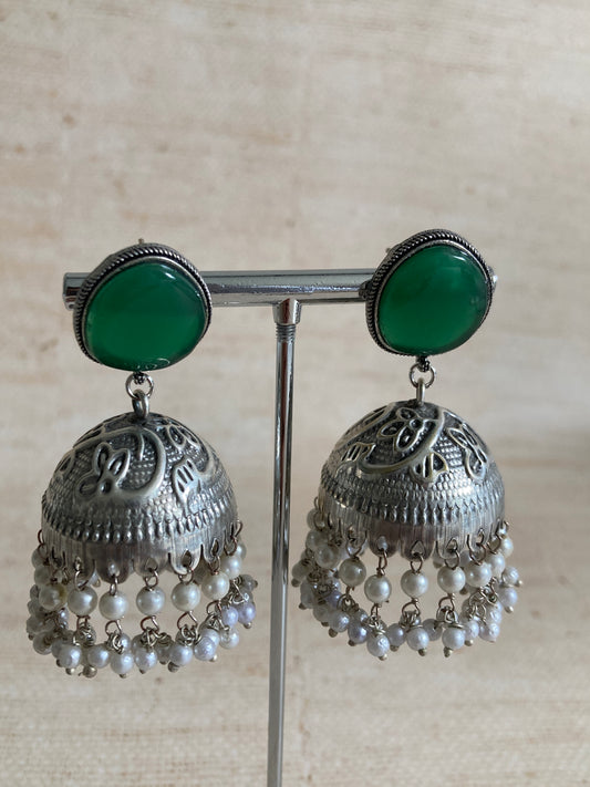 Satya Pearl Emerald Oxidised Jhumki (ST940)