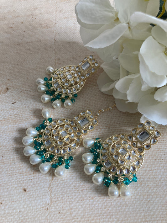 Inaya Green Gold Plated Kundan Earrings And Tikka Set (ST944)
