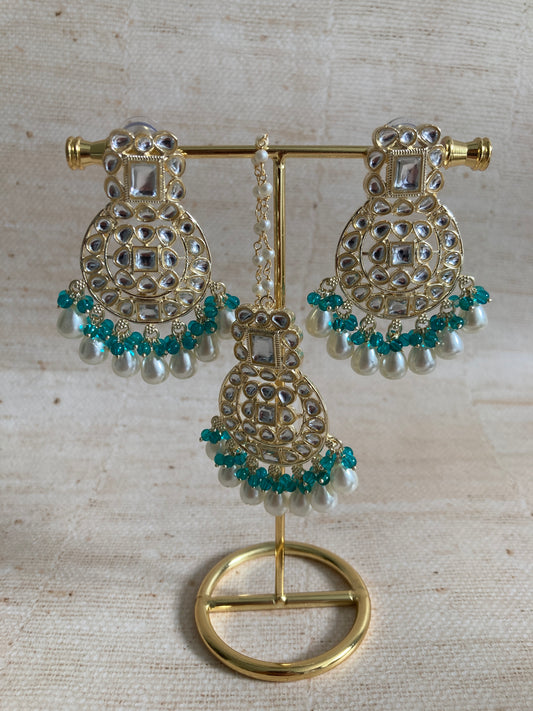 Inaya Green Gold Plated Kundan Earrings And Tikka Set (ST944)