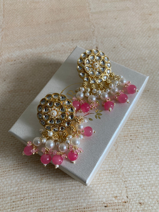 Pink Pearl Dangle Gold Plated Kundan Earrings (ST938)