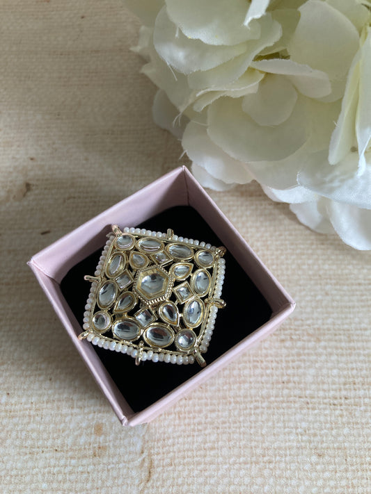 White Gold Plated Square Kundan Ring (ST949)