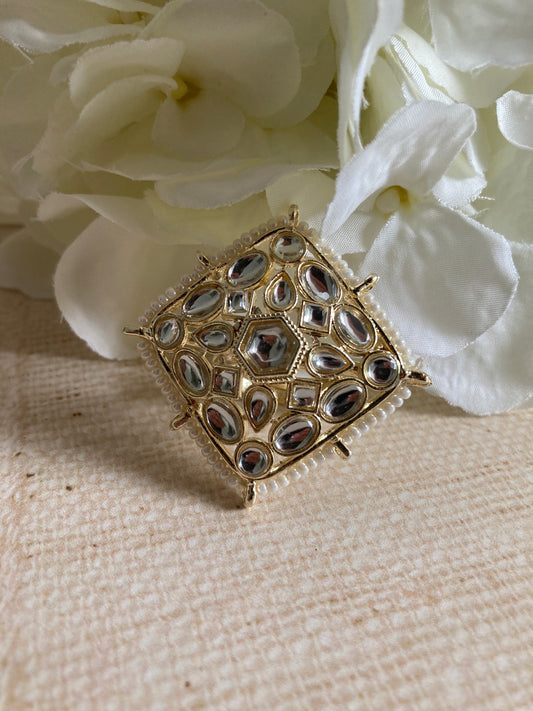 White Gold Plated Square Kundan Ring (ST949)