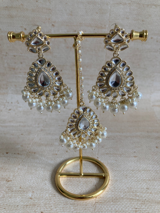 Priya White Gold Plated Kundan Earrings And Tikka Set (ST945)