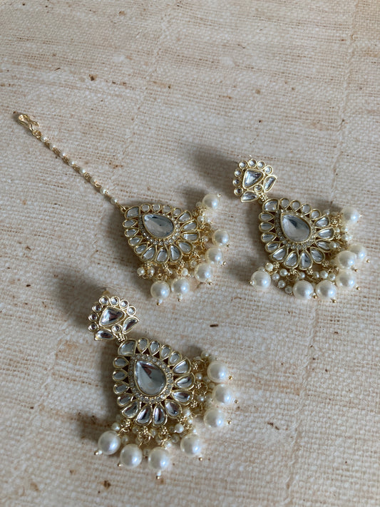 Priya White Gold Plated Kundan Earrings And Tikka Set (ST945)