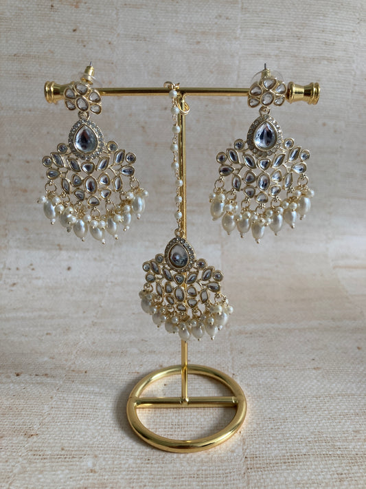 Kiran White Gold Plated Kundan Earrings And Tikka Set (ST946)