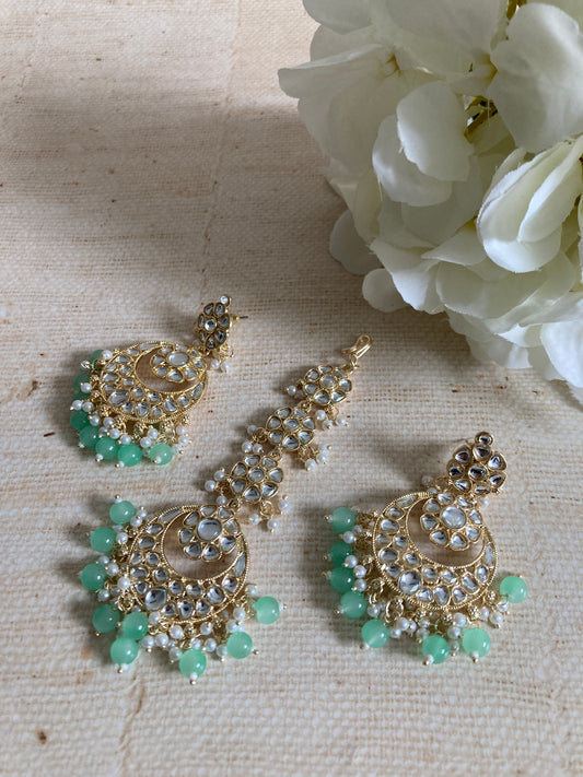 Ila Mint Green Gold Plated Kundan Earrings And Tikka Set (ST943)
