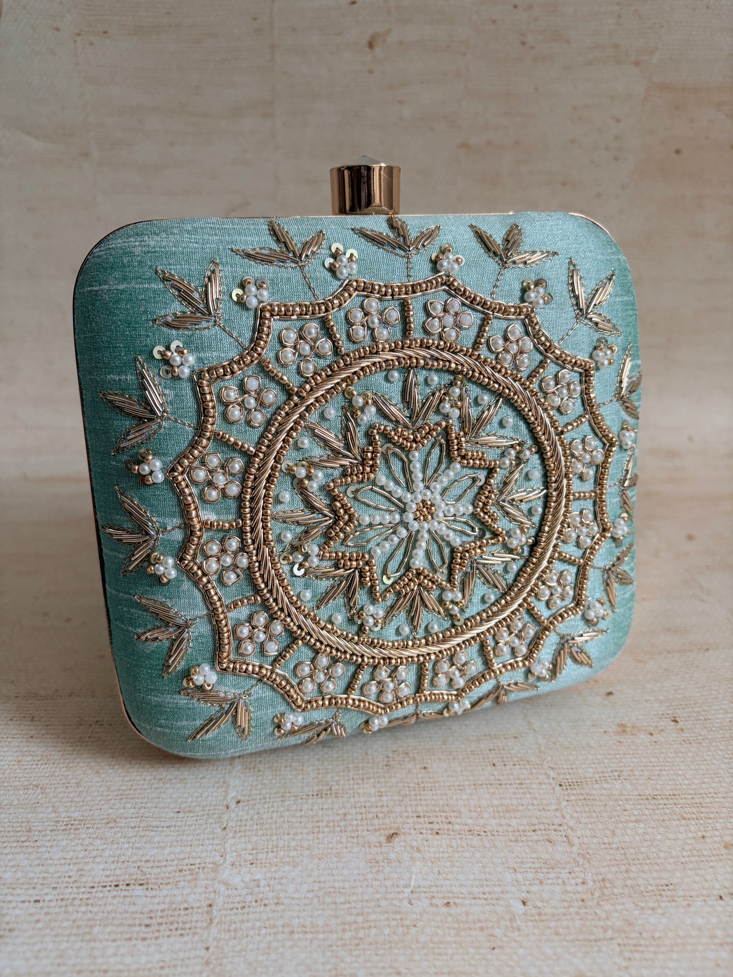 Kiran Mint Green Mandala Design Square Clutch (ST901)