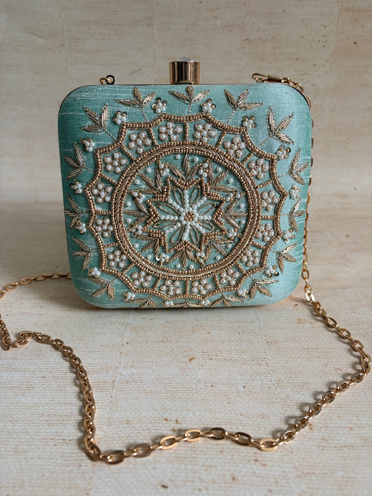 Kiran Mint Green Mandala Design Square Clutch (ST901)