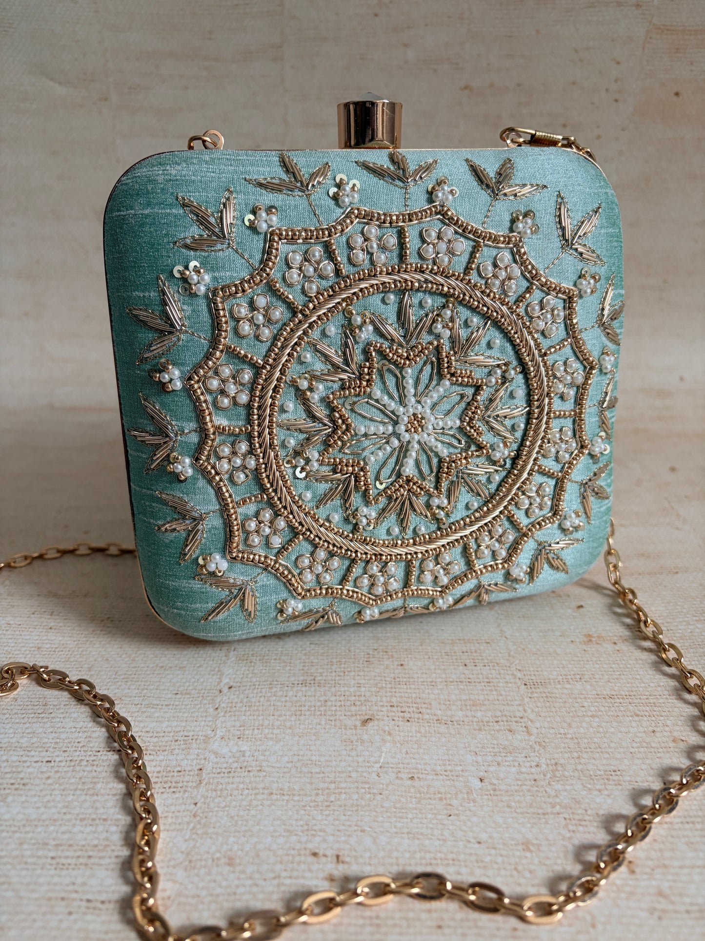 Kiran Mint Green Mandala Design Square Clutch (ST901)