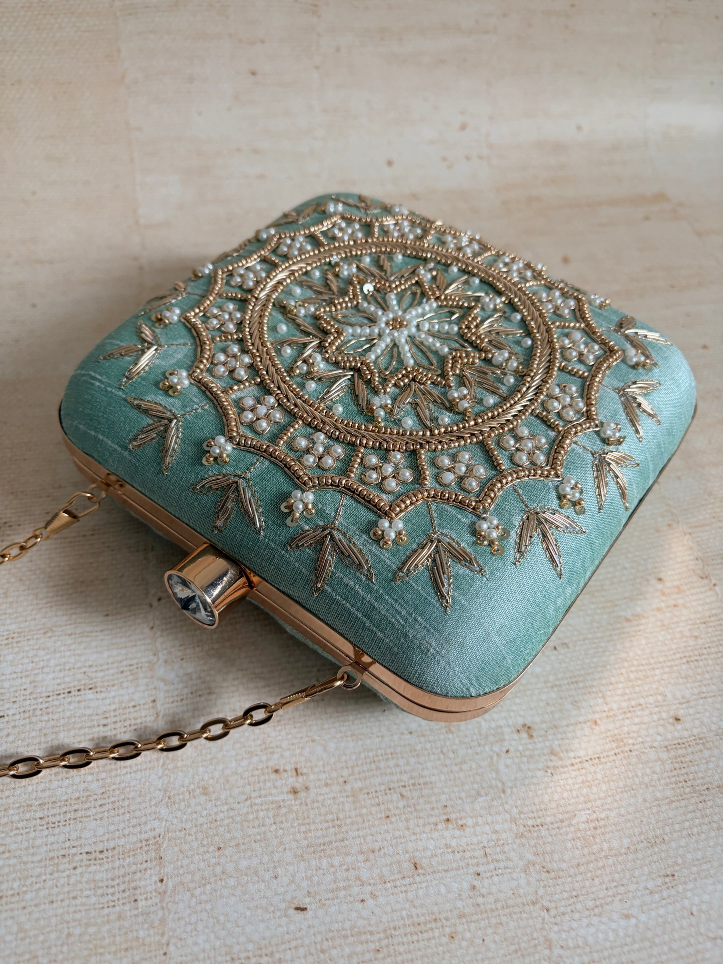Kiran Mint Green Mandala Design Square Clutch (ST901)