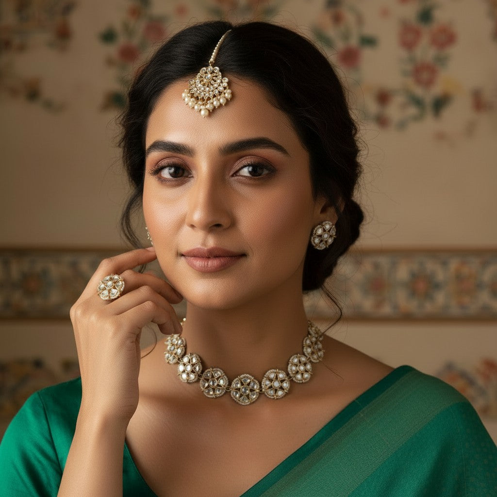 Woman wearing traditional jewelry including a necklace, earrings, and ring, with a decorative background.