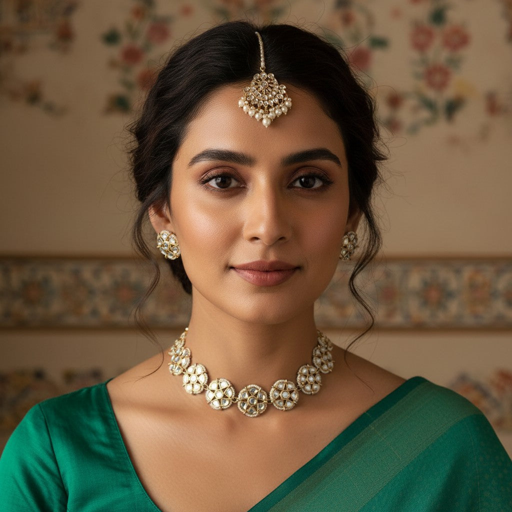 Woman wearing traditional jewelry with a floral patterned wall in the background