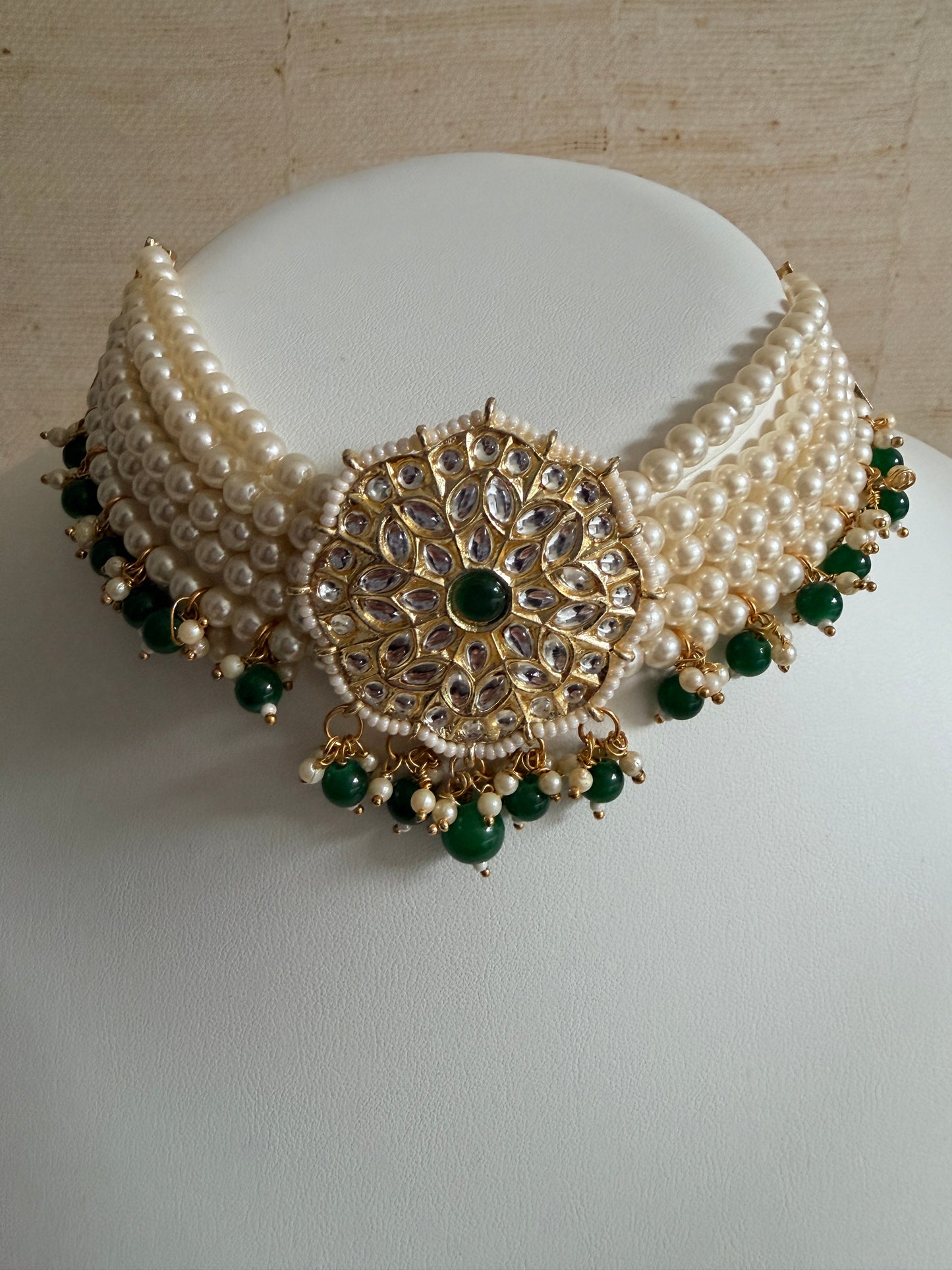 Navdeep Gold Plated Kundan And Pearl Choker Set With Ring (ST1049) (Emerald Green)