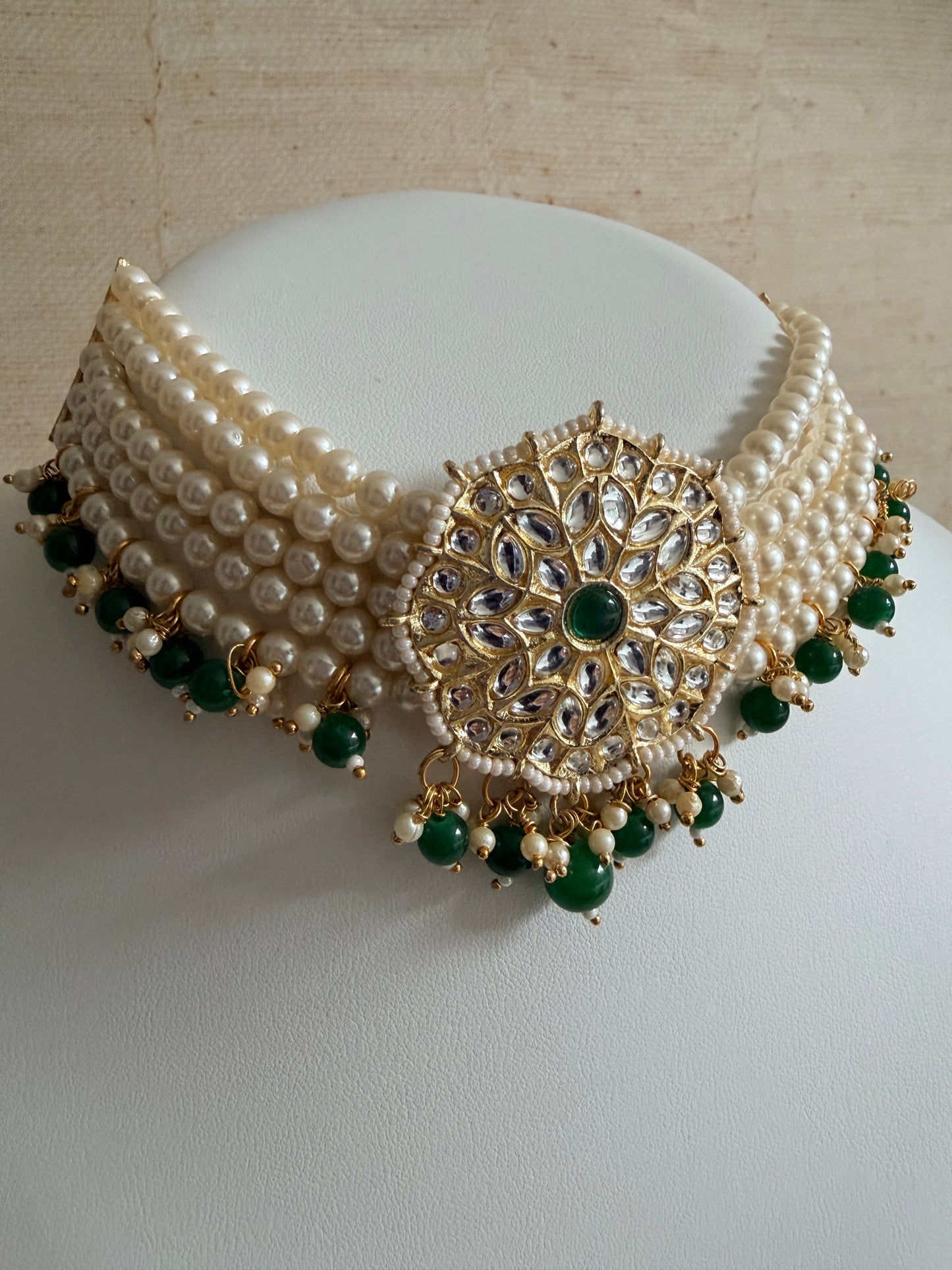 Navdeep Gold Plated Kundan And Pearl Choker Set With Ring (ST1049) (Emerald Green)
