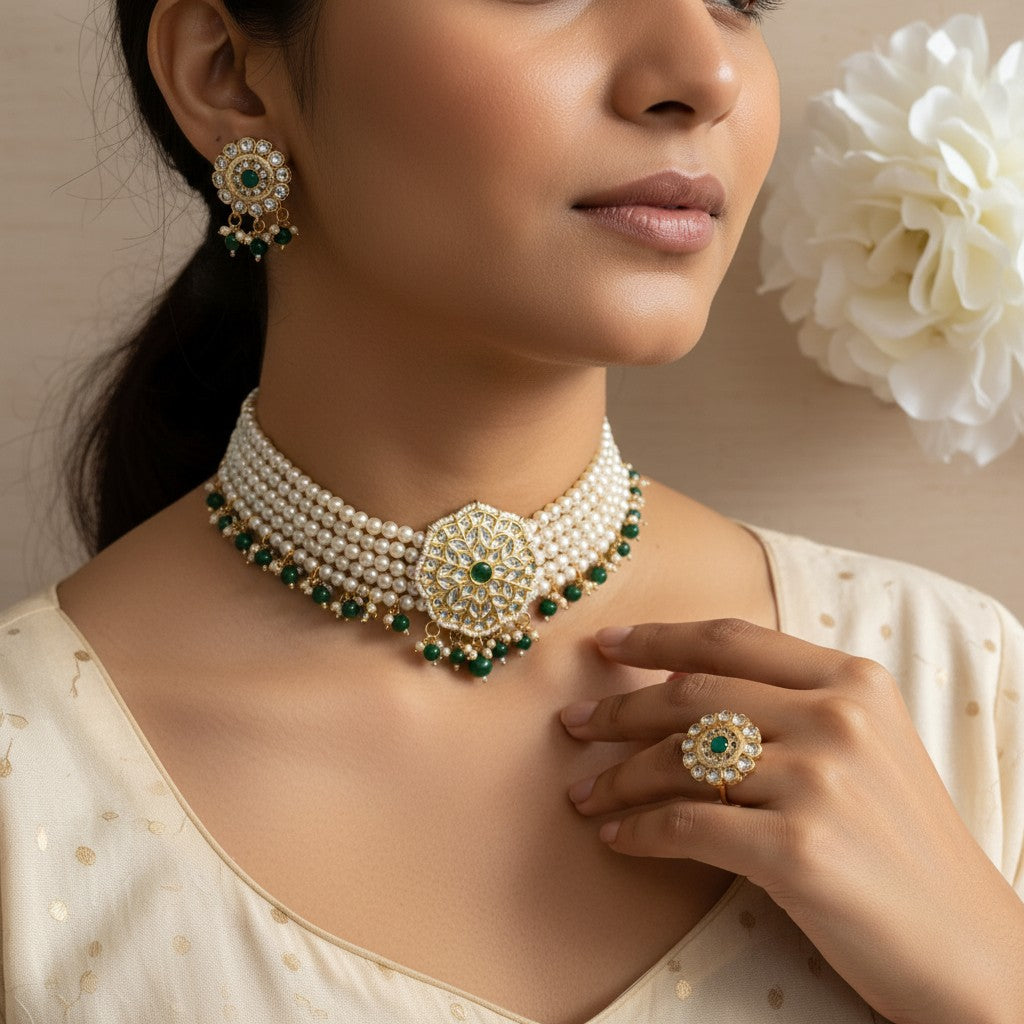 Navdeep Gold Plated Kundan And Pearl Choker Set With Ring (ST1049) (Emerald Green)