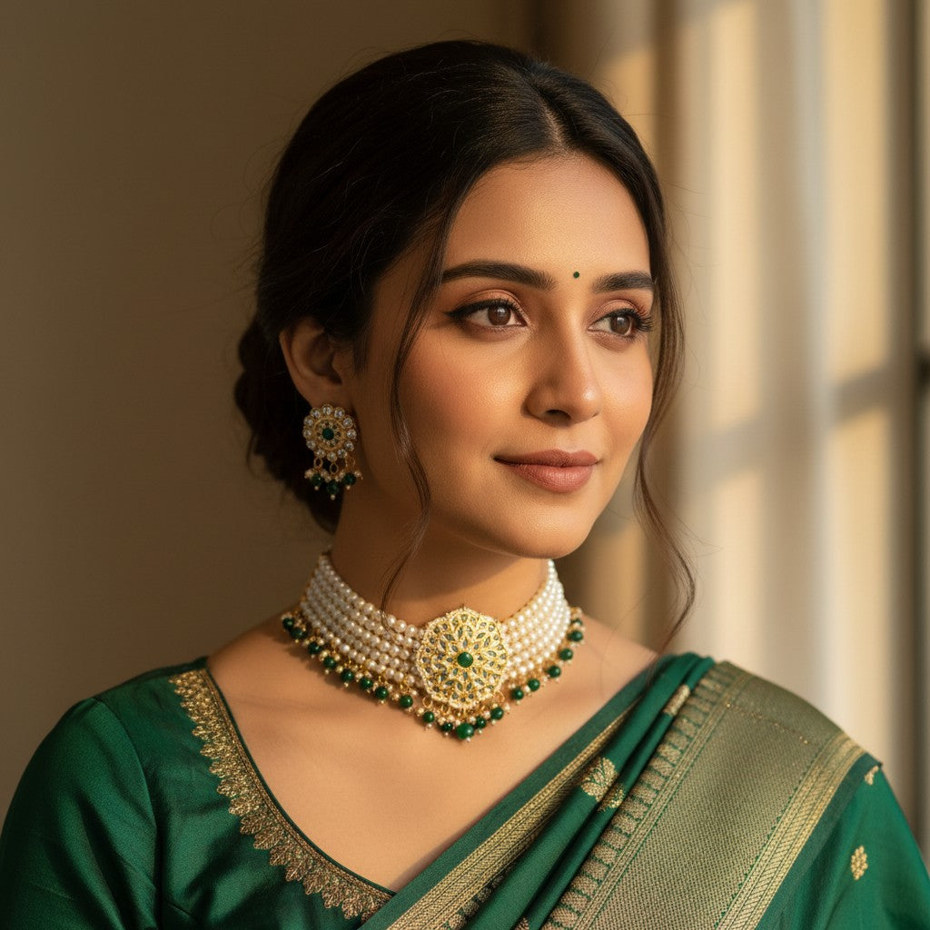 Navdeep Gold Plated Kundan And Pearl Choker Set With Ring (ST1049) (Emerald Green)