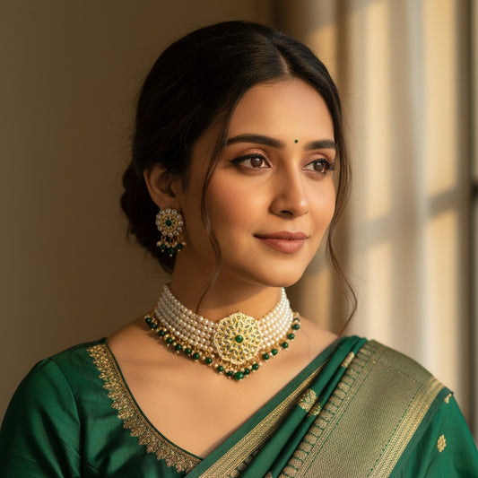 Navdeep Gold Plated Kundan And Pearl Choker Set With Ring (ST1049) (Emerald Green)