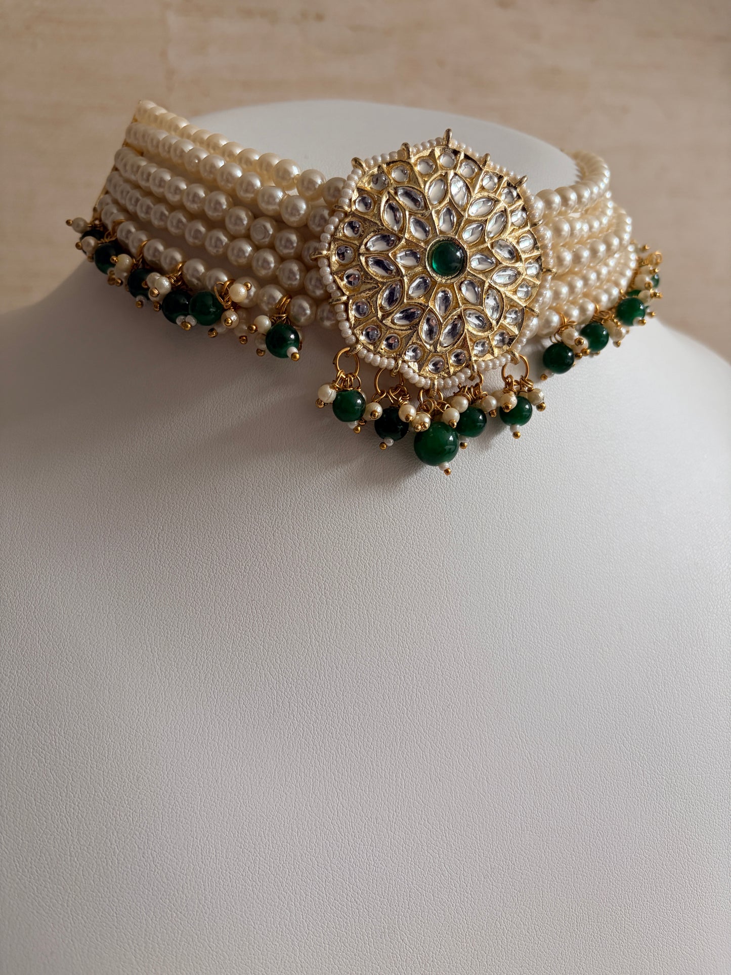 Navdeep Gold Plated Kundan And Pearl Choker Set With Ring (ST1049) (Emerald Green)