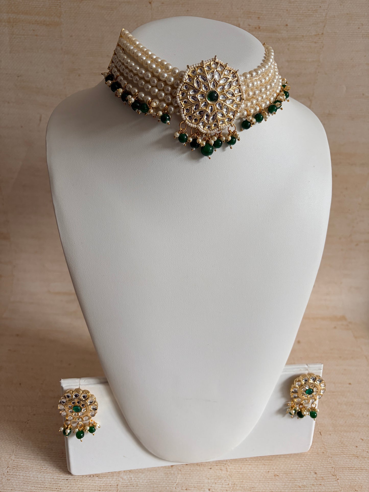 Navdeep Gold Plated Kundan And Pearl Choker Set With Ring (ST1049) (Emerald Green)