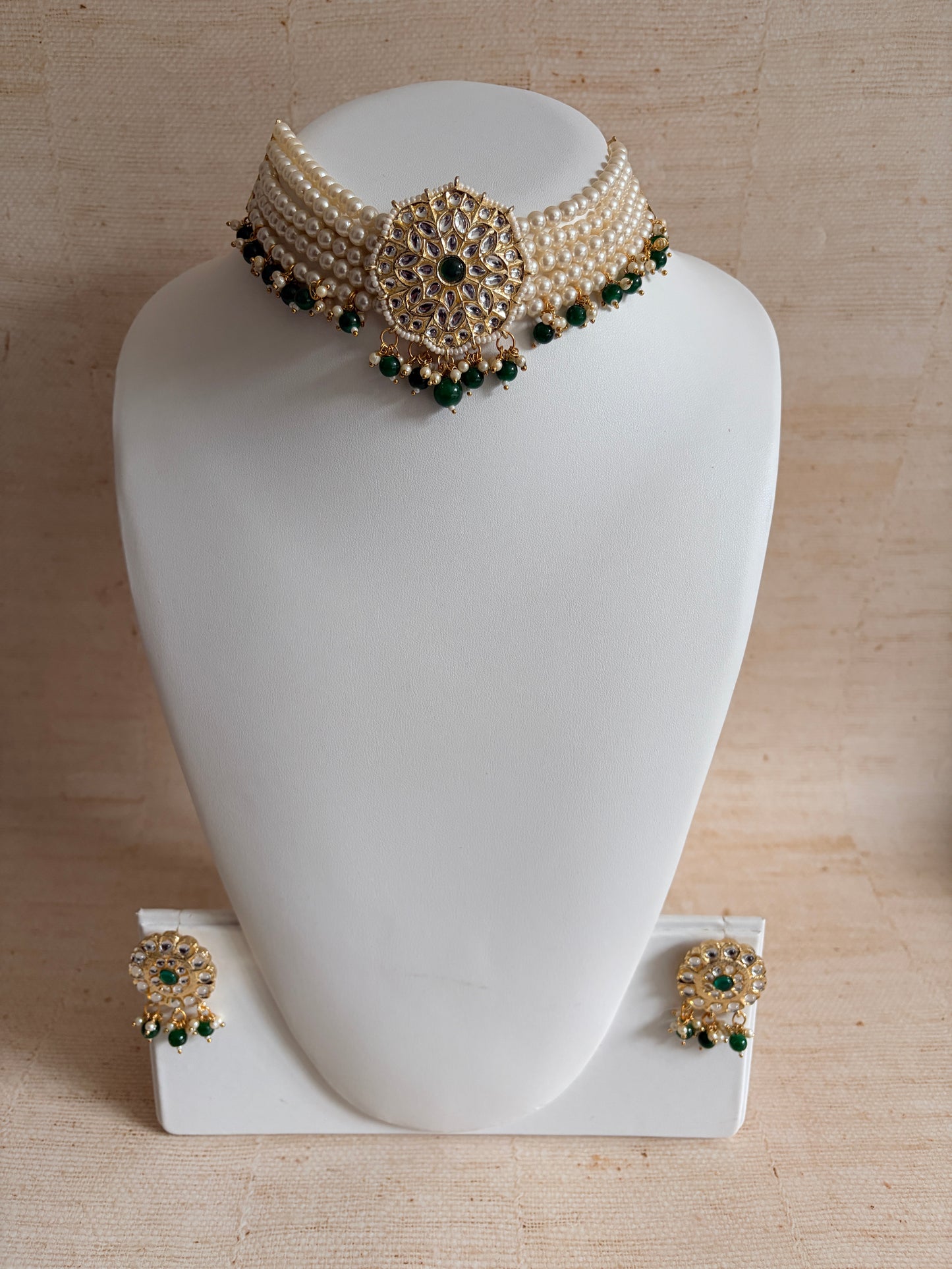 Navdeep Gold Plated Kundan And Pearl Choker Set With Ring (ST1049) (Emerald Green)