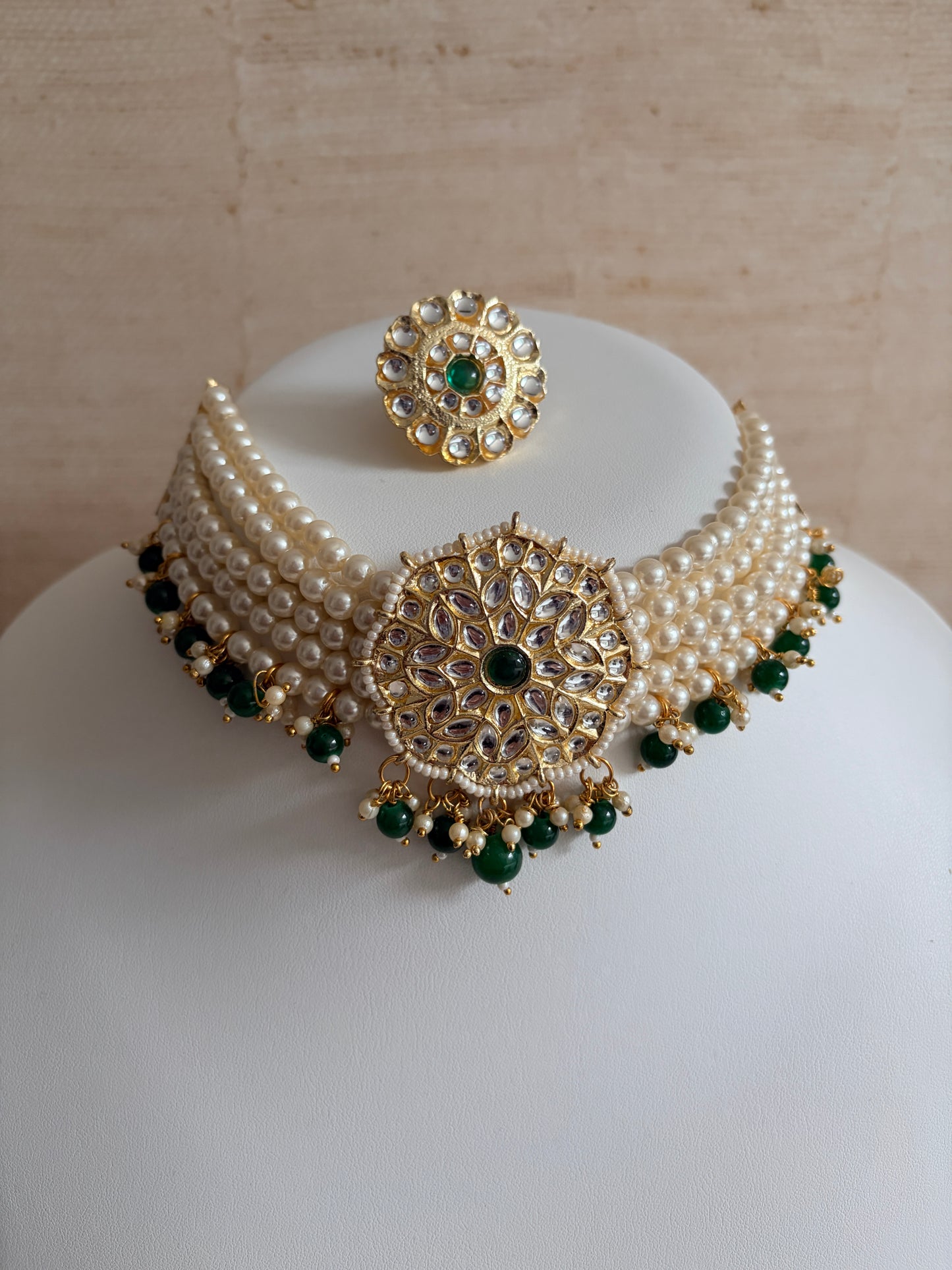 Navdeep Gold Plated Kundan And Pearl Choker Set With Ring (ST1049) (Emerald Green)