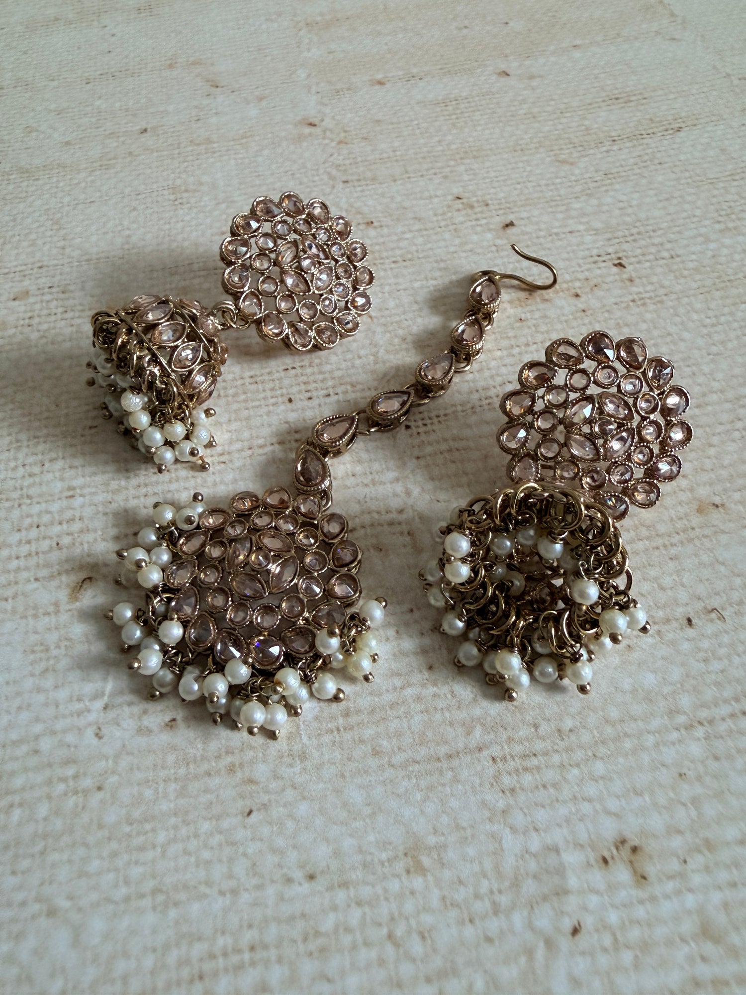 Jewelry set with earrings and necklaces on a textured fabric background