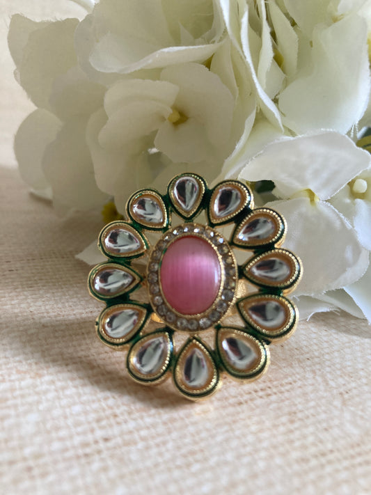 Amanat Pink Gold Plated Kundan Ring (ST855)