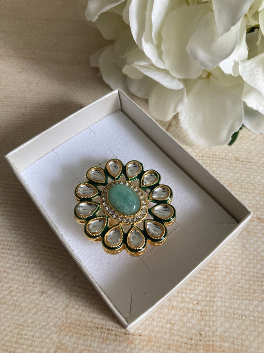 Amanat Mint Green Gold Plated Kundan Ring (ST855)