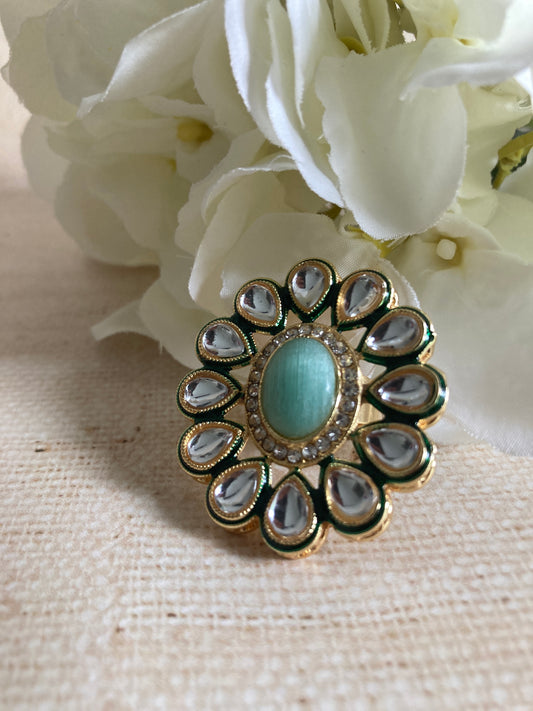 Amanat Mint Green Gold Plated Kundan Ring (ST855)