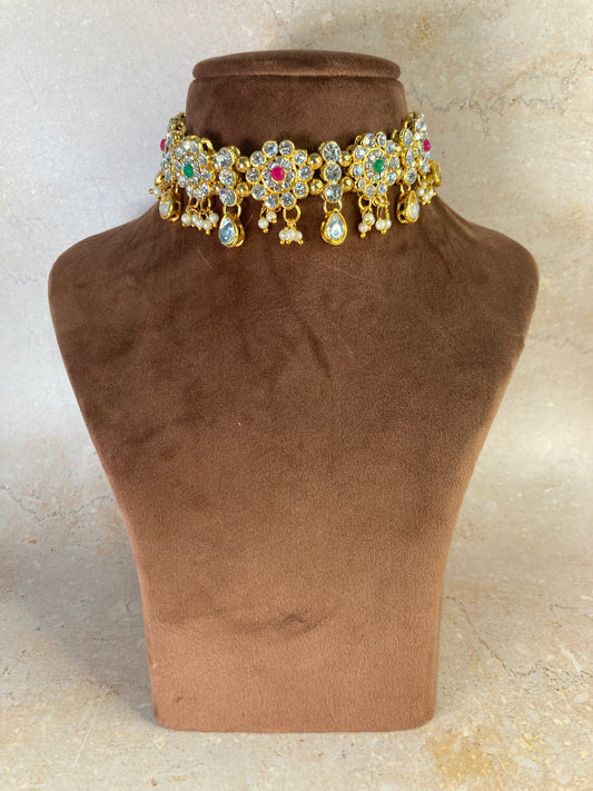 Nargis Gold Plated Choker Set (ST171)(Silver, Emerald And Pink)