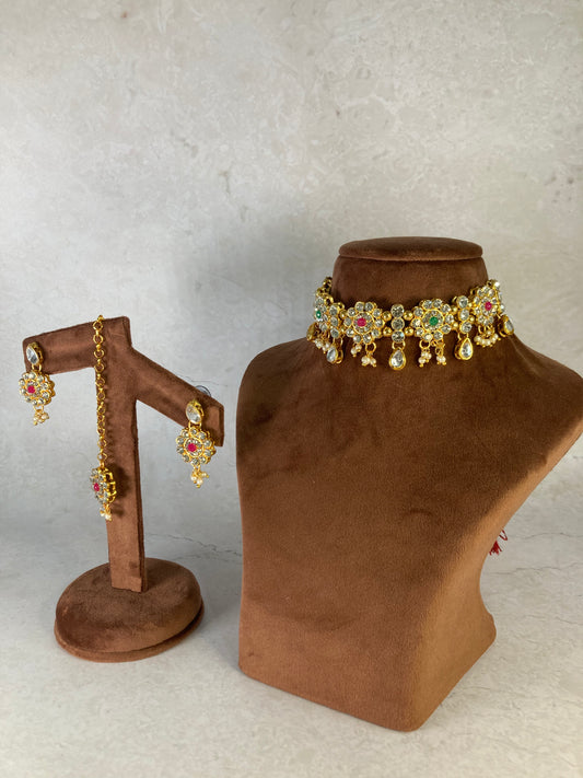 Nargis Gold Plated Choker Set (ST171)(Silver, Emerald And Pink)