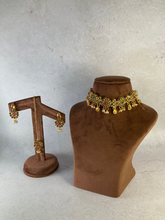 Nargis Gold Plated Choker Set (ST171)(Antique, Emerald And Pink)
