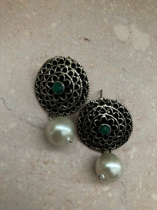 Noor Oxidised Dangle Earrings (ST744)(Green)