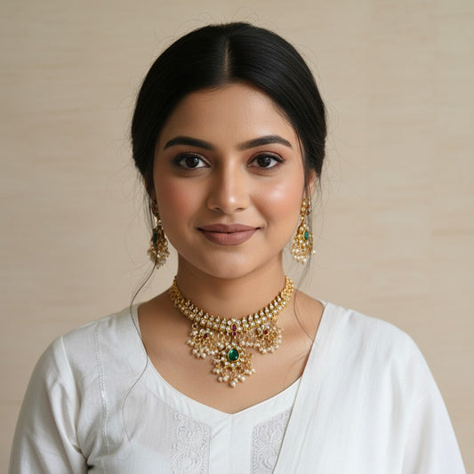 Gold Plated Austrian Stone And Pearl Necklace Set (ST1131) (Green And Pink)